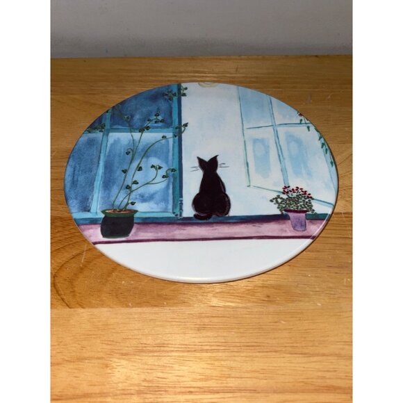 Mebel Italy Melamine Kitty Black Cat at Window Footed 8" Tray Plate Trivet - Picture 1 of 5